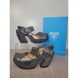 John Fluevog Prepare Guide Silver Black Mary Jane Platform Heels 8.5 NIB Set